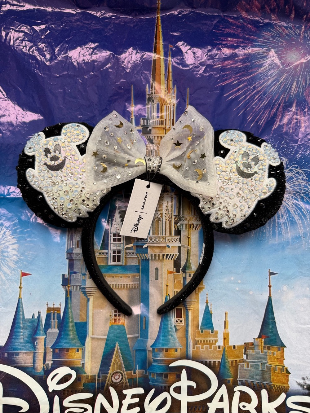 BaubleBar Disney Ghost Sequin Minnie Ear Headband in White, Black & Gold